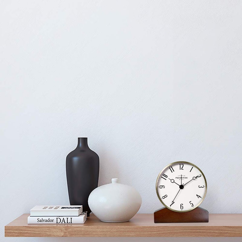 Presentime & Co Mozart Mantel Alarm Clock, Desk and Shelf Clock, Tabletop Decoration, 6 x 5.5 inch, Silent no Ticking, Wooden Base, Walnut Finish, Golden Color, Arabic Numeral - Image 5